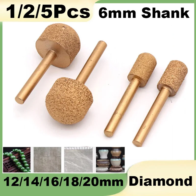 1/2/5Pcs 6mm Shank Round Head Cylindrical Diamond Grinding Burr 12/14/16/18/20mm Brazing Alloy Grinding Engraving Bit