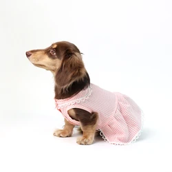 Spring Summer Plaid with Lace Dress for Dachshund Dog Outdoor Party Clothing for Wiener French Bulldog Yorkie Poodle
