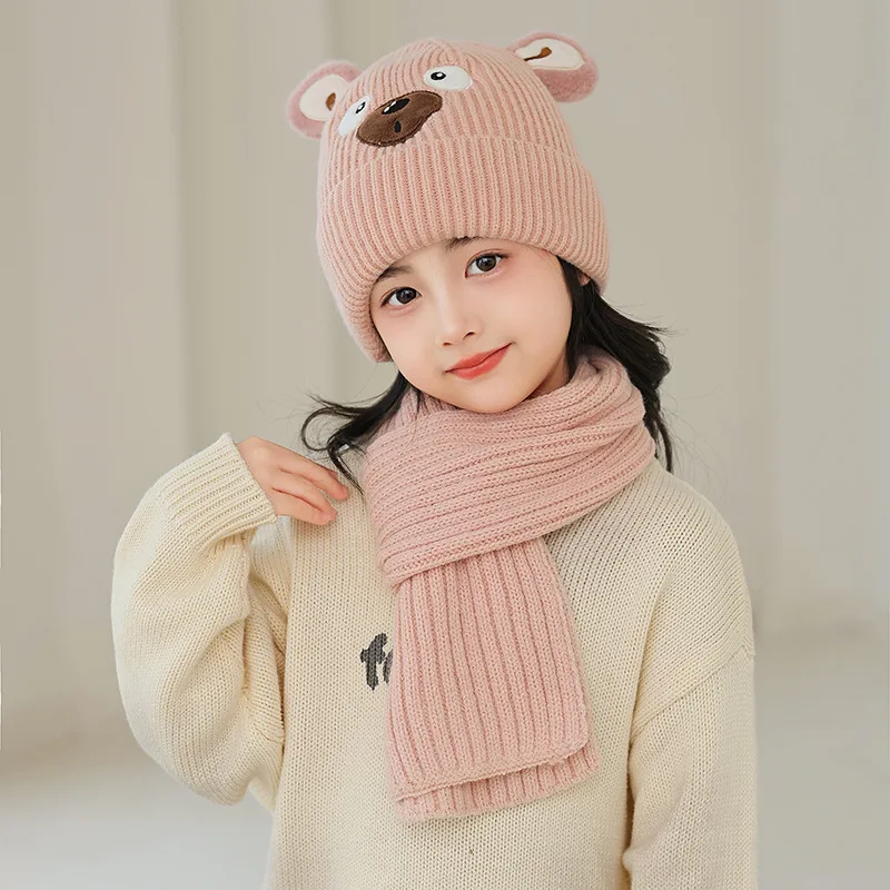 

2pc3-12Y Children's autumn and winter bear embroidered hat and scarf Set, cute and versatile, suitable for both boys and girls