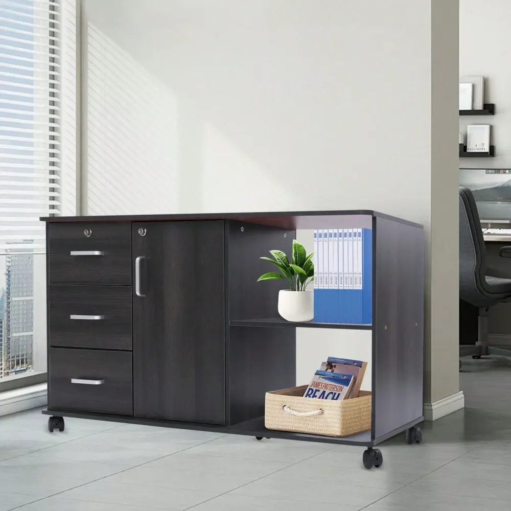 

Wood Lateral File Cabinet With Lock, Three Drawers, One Cabinet Door, And Two Open Storage Shelves, Rolling File Cabinet For Ho