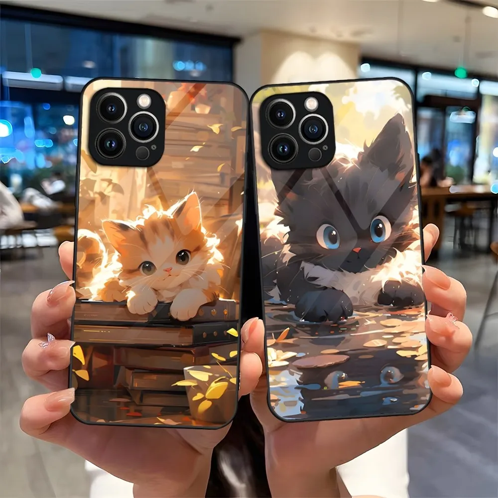 Cartoon cat Cute Phone Case For iPhone 13 15 14 12 11 Pro XS Max Plus Mini X XR 8 7 6s SE2020 Tempered Glass Coque