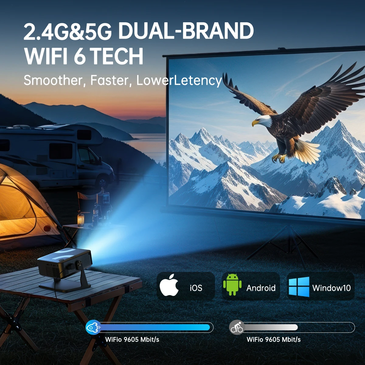 جهاز عرض 650ANSI محمول أصلي 1080P أندرويد 11 تركيز تلقائي وكيستون 4K 360 °   تدوير المسرح المنزلي Airmouse Wifi6 BT5.2