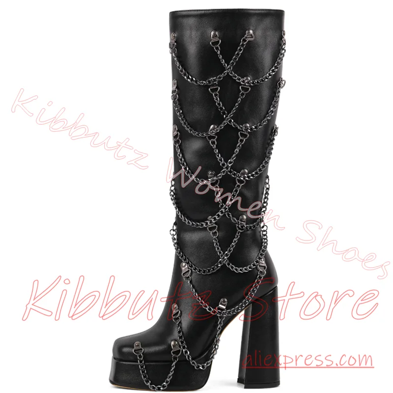 Knee High Platform Boot Metal Chain Block Heel Side Zipper Gothic Alt Fashion Womens Party Streetwear Shoes Solid Color Leather