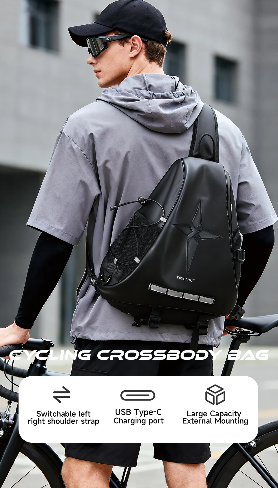 Tigernu Herren-Umhängetasche in Übergröße mit USB-Anschluss für 11-Zoll-Brusttasche mit abnehmbarem 3-Punkt-Tragegurt, Fahrrad- und Sporttasche – Detail 1