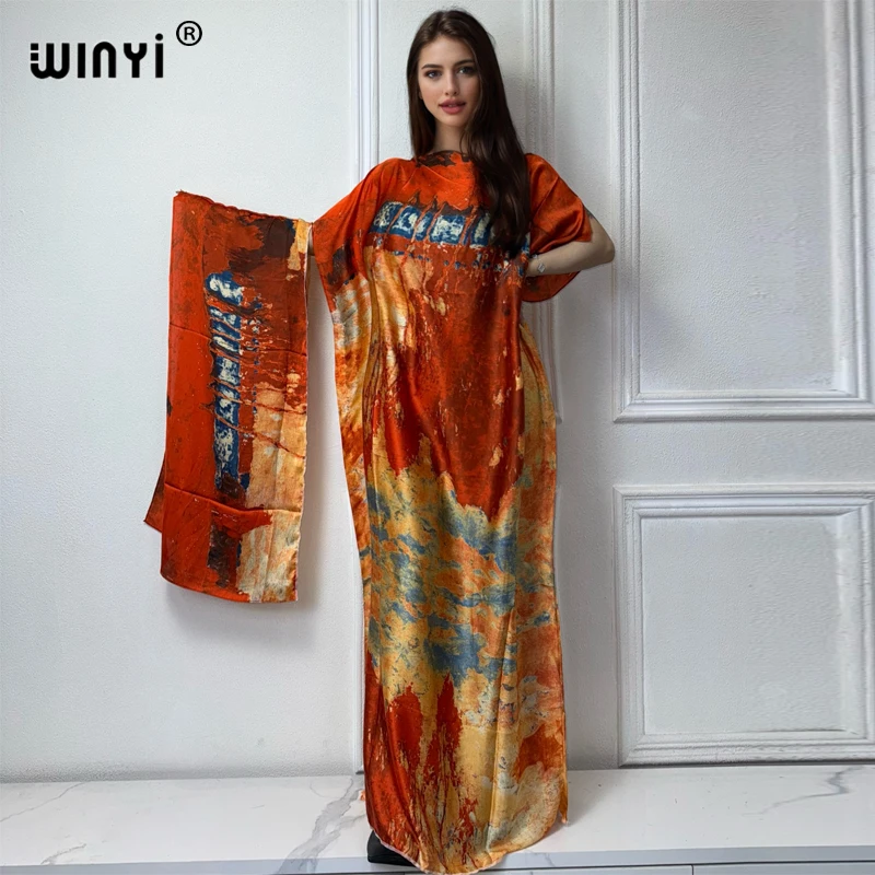 

WINYI 2024 New African Women Dashiki boho print muslim woman dubai Free Size Design With Scarf Maxi Loose African Elegant Dress