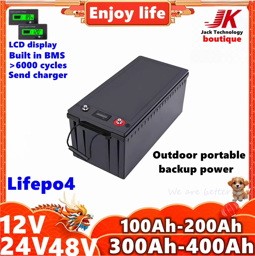 JK 12V 24V 48V 100Ah 200Ah 300Ah 400Ah LiFePo4 Battery Lithium Batteries For Outdoor Solar Boat invertr Golf Cart,RV Camping,EV