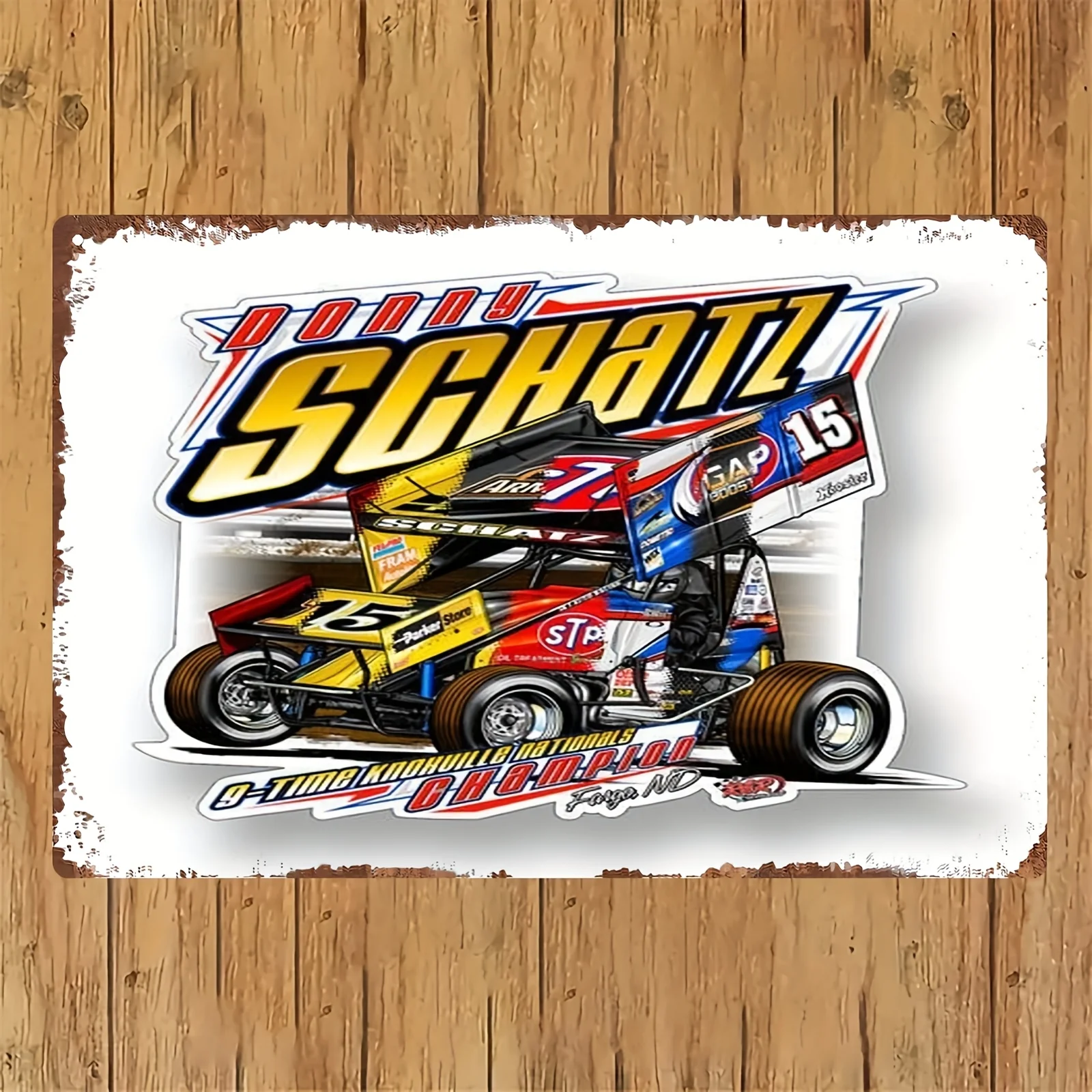 Vintage Racing Art Tin Sign - Donny Schatz Car Design, Dynamic Scene with Bold Colors and Detailed Graphics - Durable Iron Wall