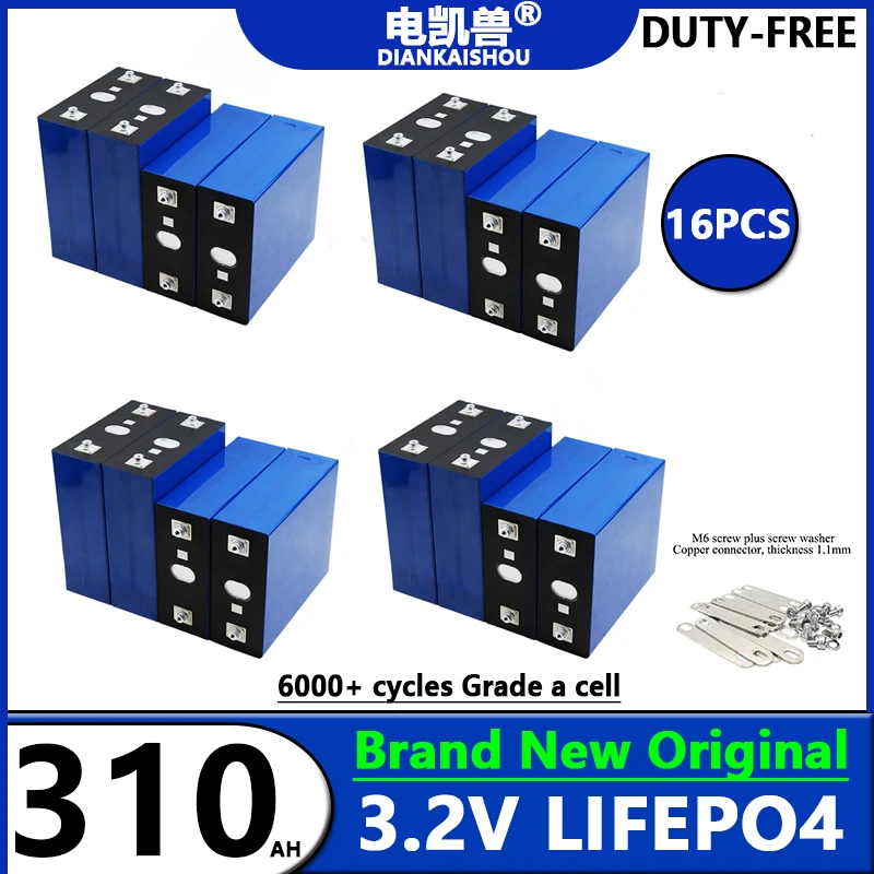 

16pcs 3.2V 310ah 280k 280ah Lifepo4 Rechargeable Battery DIY Lithium iron phosphate Cell Pack golf For RV Camper Solar system