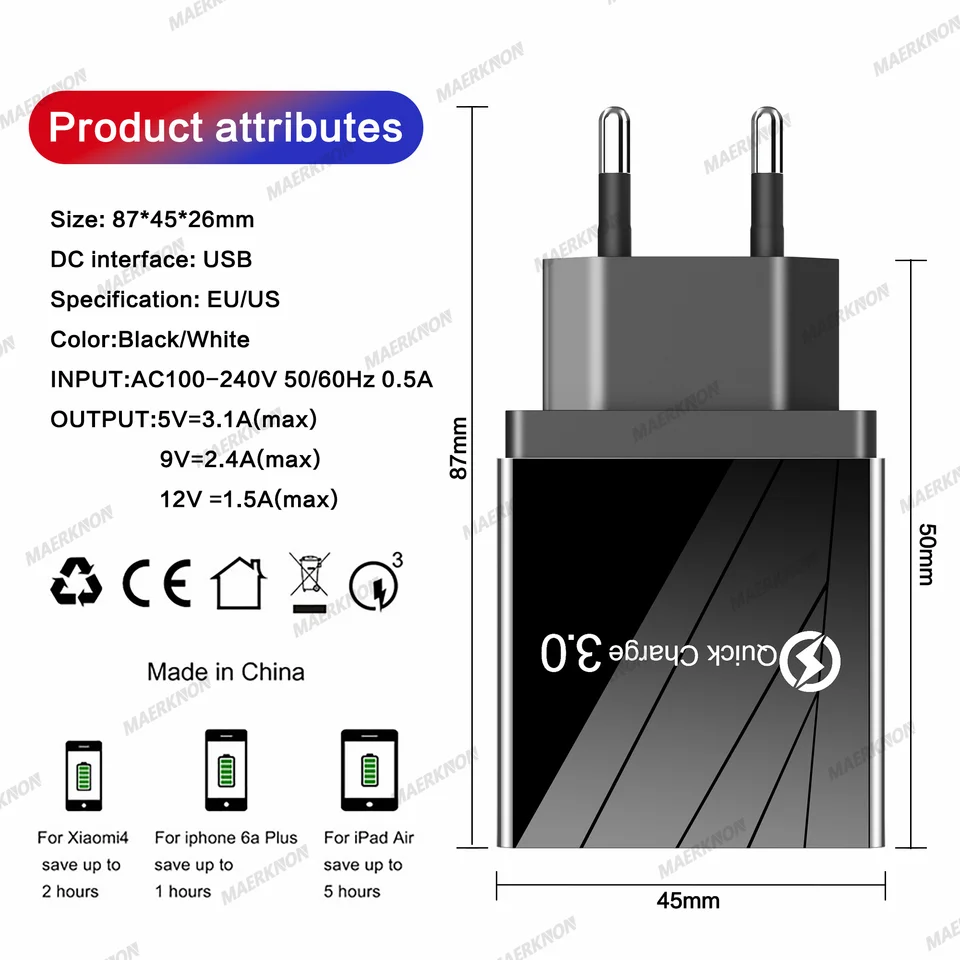3A Quick Charge 3.0 USB Charger 4 Ports USB Fast Charging Mobile Phone Charger Adapter EU/US Plug For iPhone Samsung Xiaomi POCO, image 6