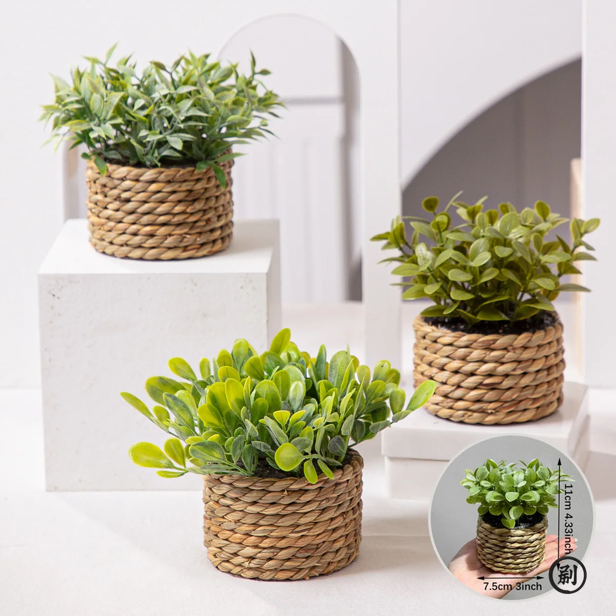 XIYA FLOWER Green Artificial Plants Eucalyptus Grass Woven Small Potted Plants Grass Mound 11cm PE Material Home Decoration