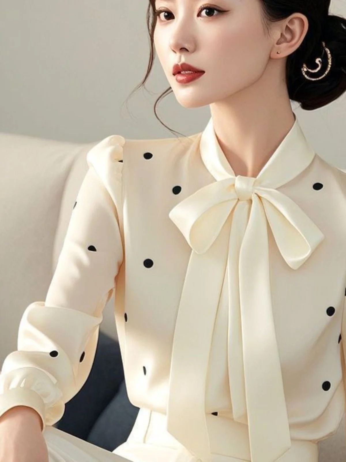 

Early Spring Faionable Women's irt with Bow Tie Polka Dot Design Small Fraance Sle Ele Loose Fit Long Sve