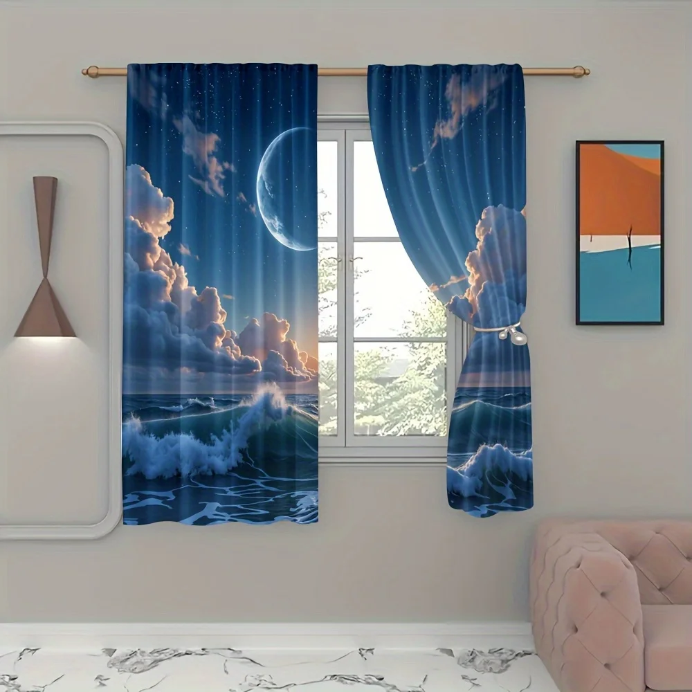 2pcs Moonlit Sea View Curtains – Featuring Sunset Waves and Moon Design, Perfect for Bedroom Decor in a Coastal Style Space