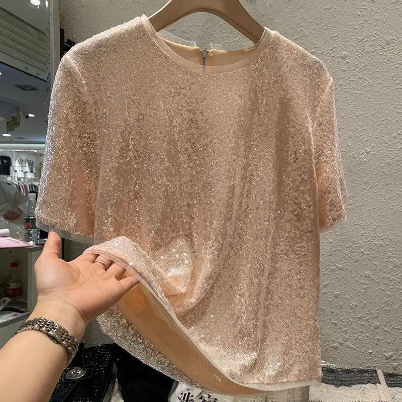 Summer New Round Neck Fashion Short Sleeve T-shirt Women High Street Casual Loose Sequined Pullovers Zipper Patchwork Chic Tops