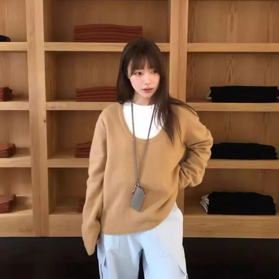 

Comfortable Knitted Wool Sweater U-Ne Loose Fit Color Soft Korean Sle Women's Long Sve Winter Faion Top