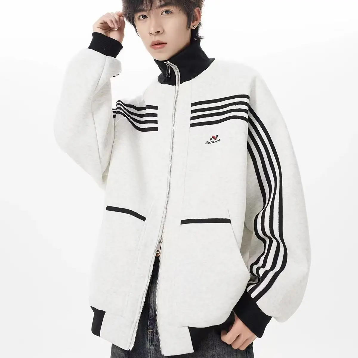 Streetwear Zip Jacket Women Striped Stand Collar Sweatshirts Men Vintage Zip Up Cardigans Fashion Women Y2k Clothes