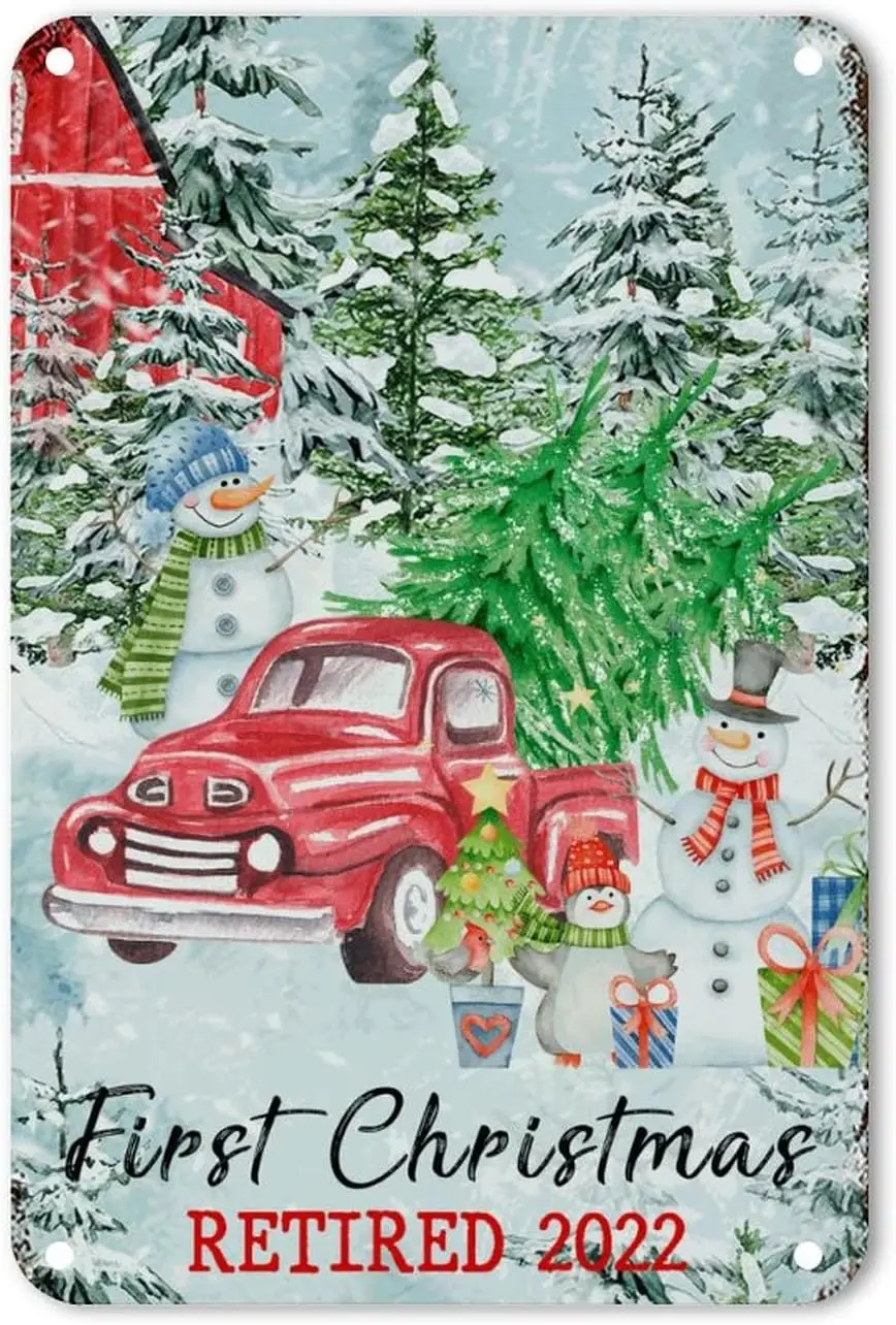 First Christmas Retired 2022 Aluminum Sign Christmas Farm Snowman Red Truck Wall Metal Signs Classic Merry and Bright Iron Paint