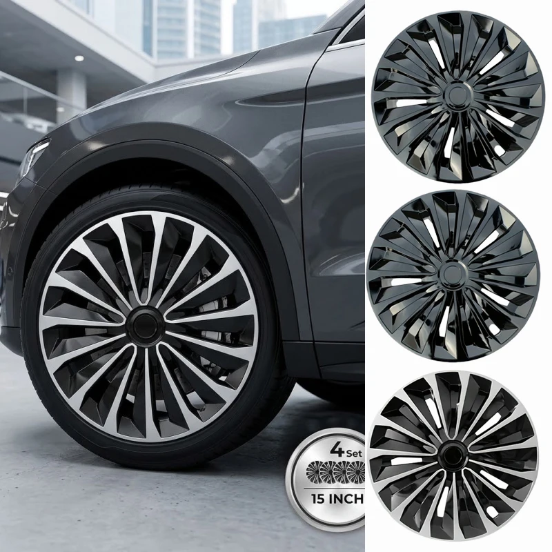 

4Pc 15Inch Universal Car Wheel Cover Black Silver Hub Cap Trim Decorative Rims Protective Case Exterior Accessories Auto Styling