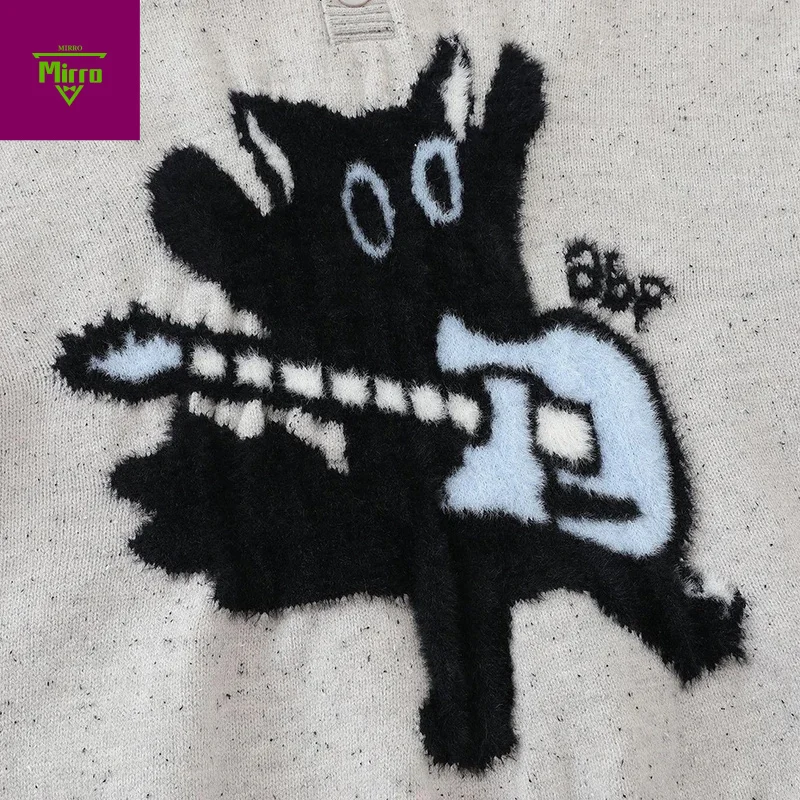 เสื้อสเวตเตอร์ลายการ์ตูนผู้ชาย สไตล์สตรีทแวร์ ฮาราจูกุ ฮิปฮอป ทรงโอเวอร์ไซส์ เสื้อไหมพรมถัก สวมหัว ลำลอง ทรงหลวม