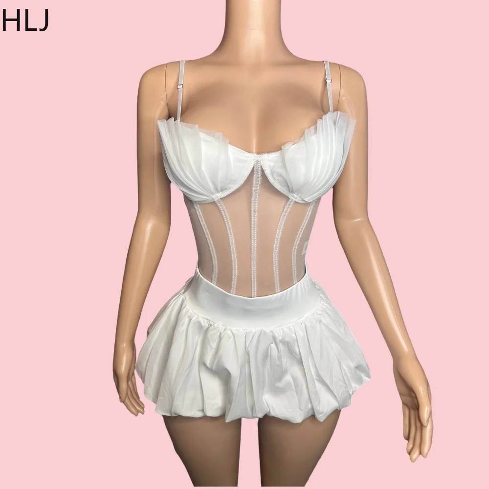 HLJ White Sexy Mesh Ruched Corset Vest Two Pece Sets For Women Strap Slim Crop Top And Puffy Mini Skirts Nightclub Outfits 2024