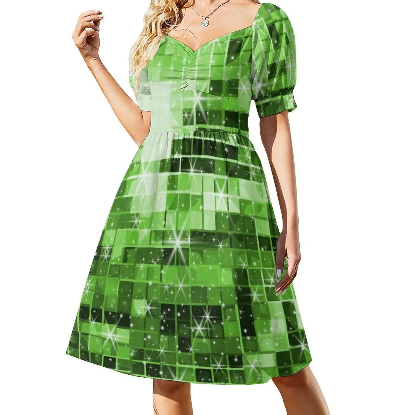 فستان على الطراز الكوري بنمط كرة ديسكو باللون الأخضر المتميض للنساء فستان كاجوال أنيق للحفلات أو الارتداء اليومي كرة ديسكو ديسكو #3