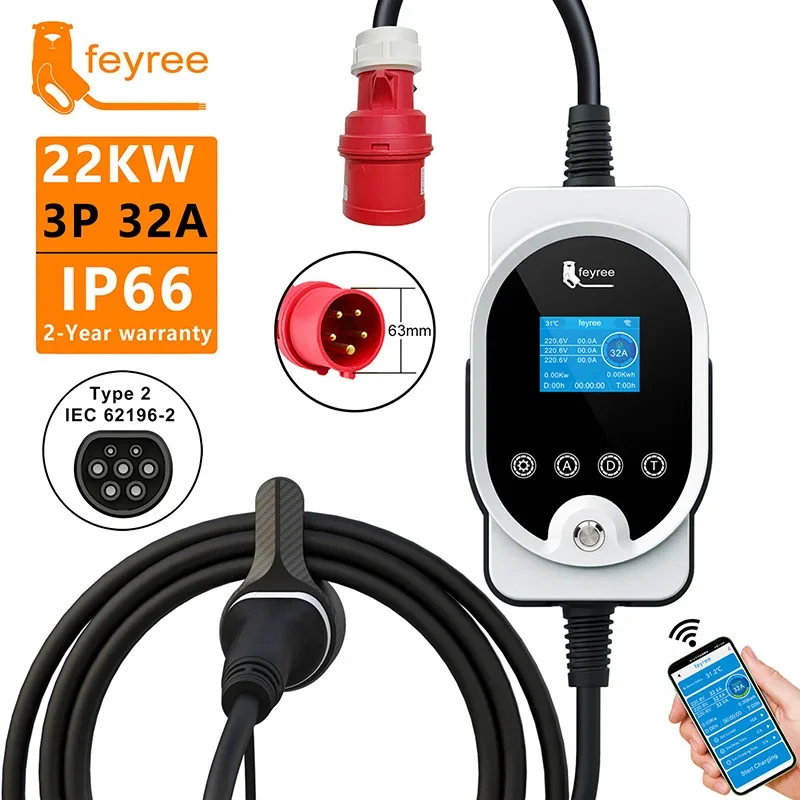 feyree 22KW EVSE Wallbox & Portable EV Charger Type2 Cable 32A 3Phase Smart Wi-Fi APP Fast Charging Station for Electric Vehicle