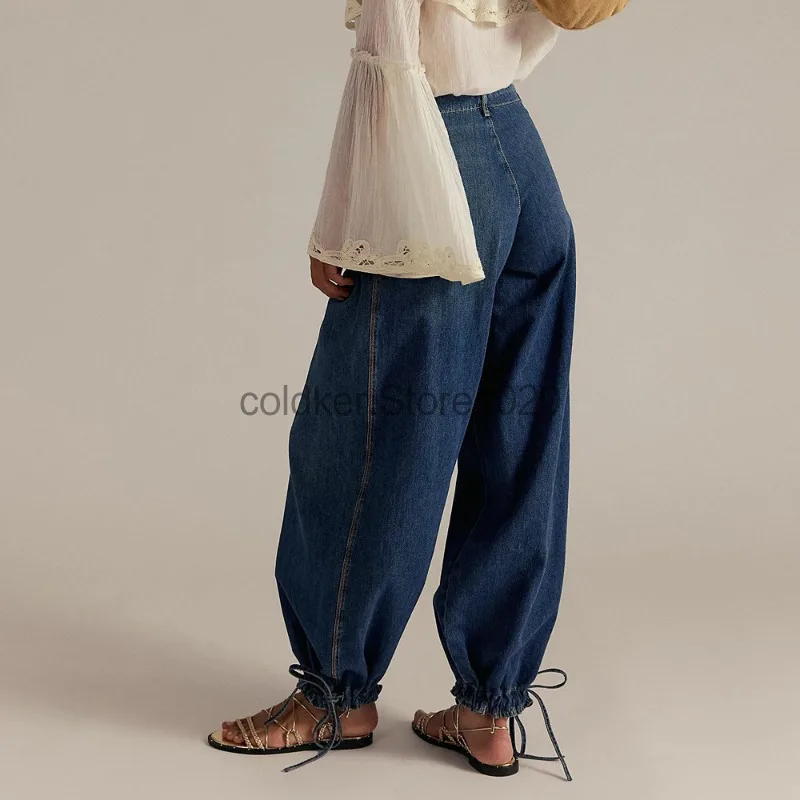 New Women Washed Pleated Mid-waist Jeans Four Seasons Fashion Loose Straight Jeans Casual Wide-leg Lotus Pants Female Streetwear