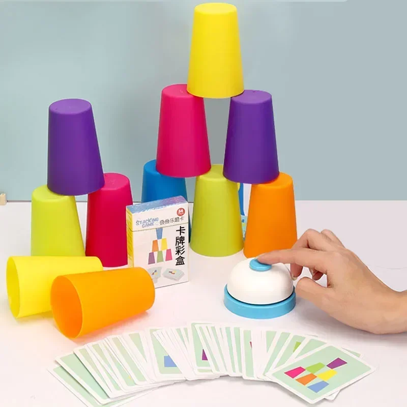 Kids Stack Cup Battle Table Game with Card Montessori Toys Educational Intellectual Enlightenment Color Cognition Logic Training