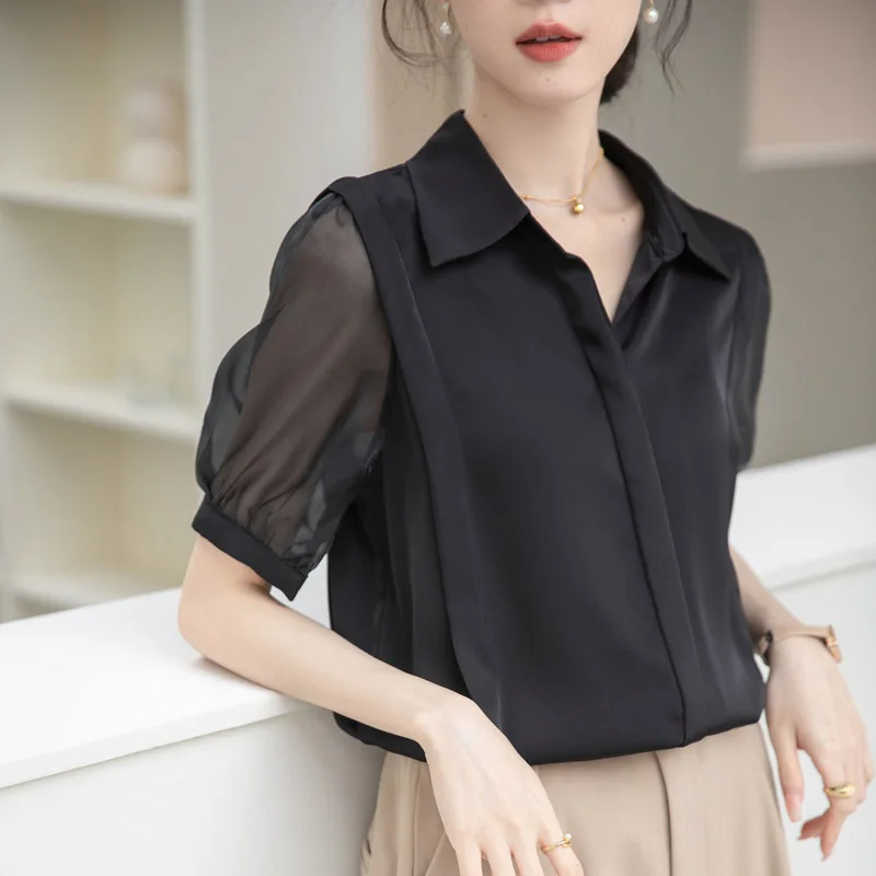 

Women Clothing Black Lace Shirts Elegant Fashion Simple Short Sleeve Blouses Office Lady Daily Casual Commute Loose Top Cardigan