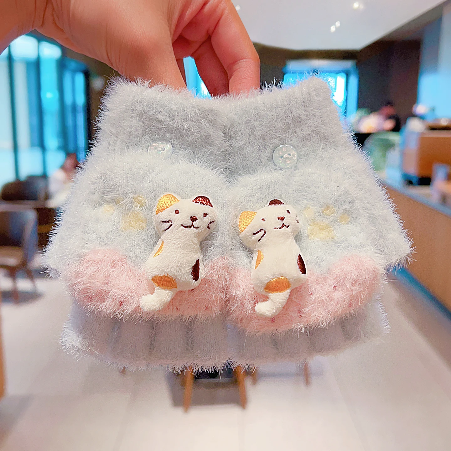 4-7Y Girls Winter 2 in 1 Convertible Flip Gloves Cute 3D Cat Decor Knitted Plush Gloves Kids Paw Print Windproof Thermal Mittens