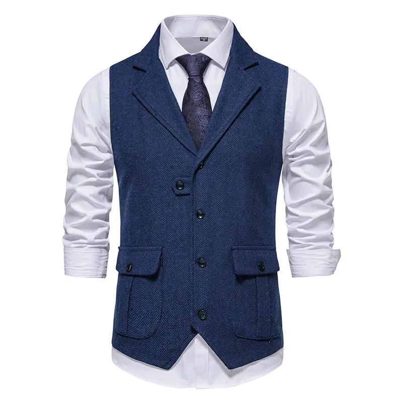 

Mens Herringbone Tweed Dress Vest British Slim Fit Notch Lapel Sleeveless Waistcoat Men Business Wedding Prom Vests Gilet Homme