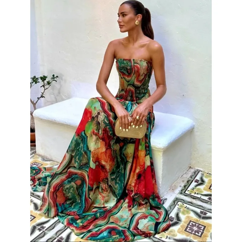 Pleated Waist Strapless Dress Women's New Printed Colorful Long Gown Elegant Fashionable Summer Vacation Party Robe 2026 - view 4