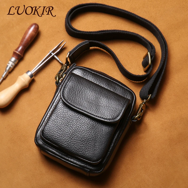 LUOKIR Men's Leather Small Shoulder Bag Casual Fashion Crossbody Lightweight Simple Cell Phone Messenger Bag Cowhide Sling Bag