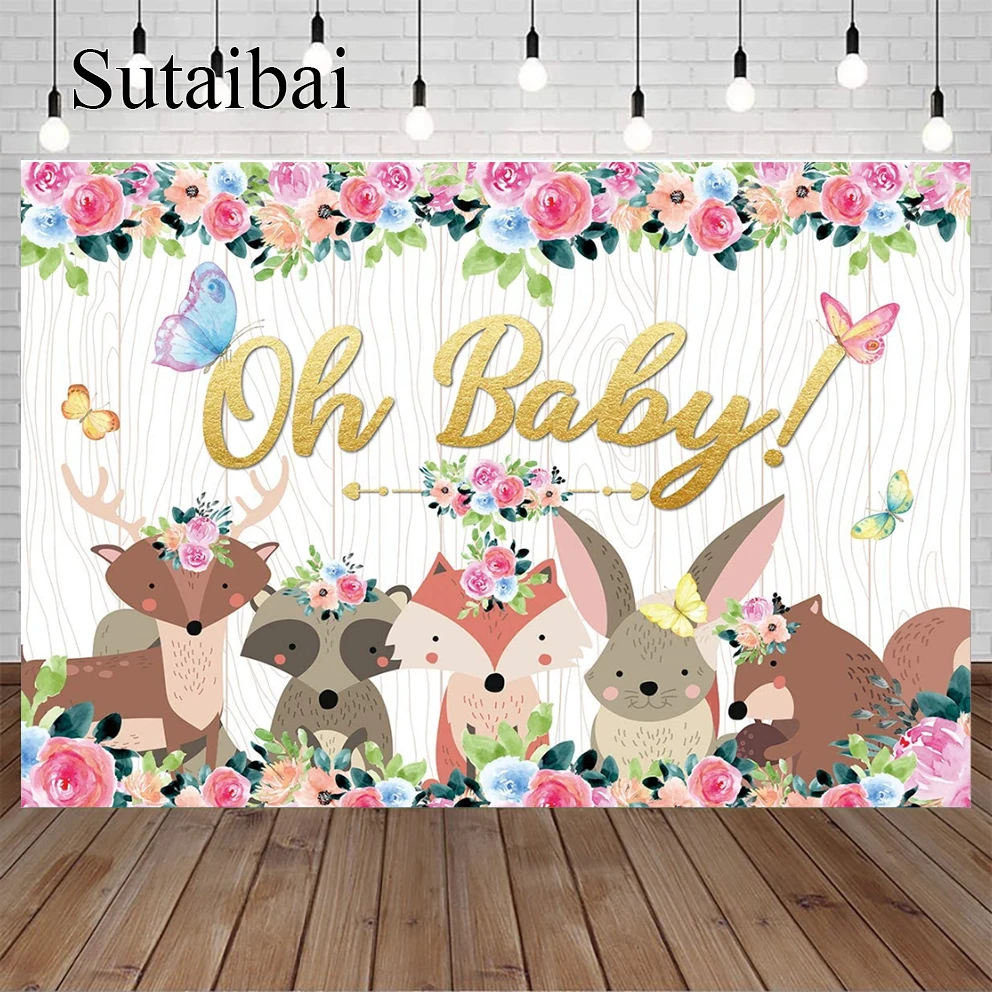 Oh Baby Wood Backdrop Woodland Animals Baby Shower Party Photography Backdrop for Girl Woodland Oh Baby Baby Shower Party