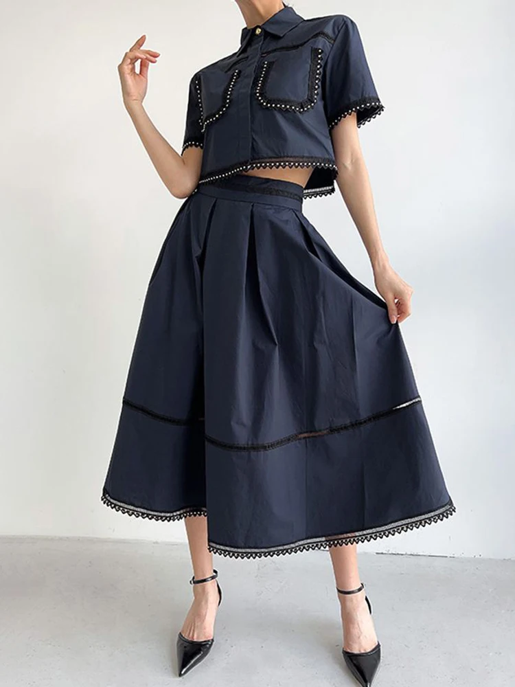 TWOTWINSTYLE Solid Two Piece Set For Women Lapel Short Sleeve Top High Waist A Line Skirt Temperament Sets Female Fashion New