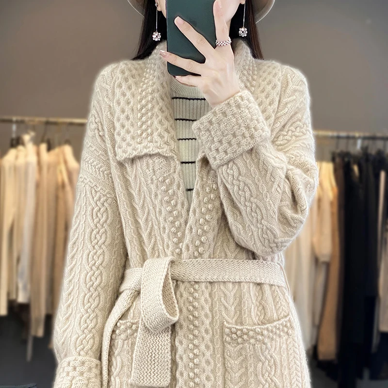 New 100% Pure Cashmere Sweater In Autumn And Winter Women\'s Long Cardigan Heavy Lndustry Thickening Loose Wool Knitted Jacket