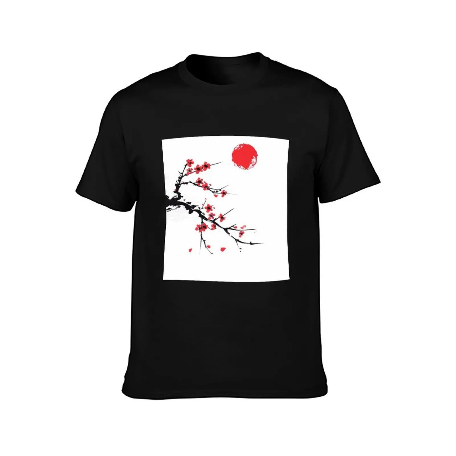 Traditional, Ancient Japanese Tree with Cherry Blossoms, Red Sun Background T-Shirt, Summer Casual Cotton Tee, Unisex Men Women