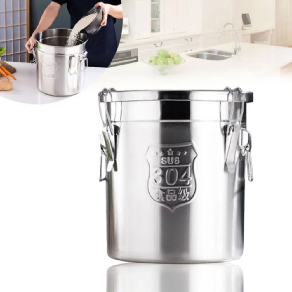 Bymaocar 12L Airtight Canister Cereal Rice Storage 304 Stainless Steel Container Bucket with Airtight Lid & Comfortable Handles