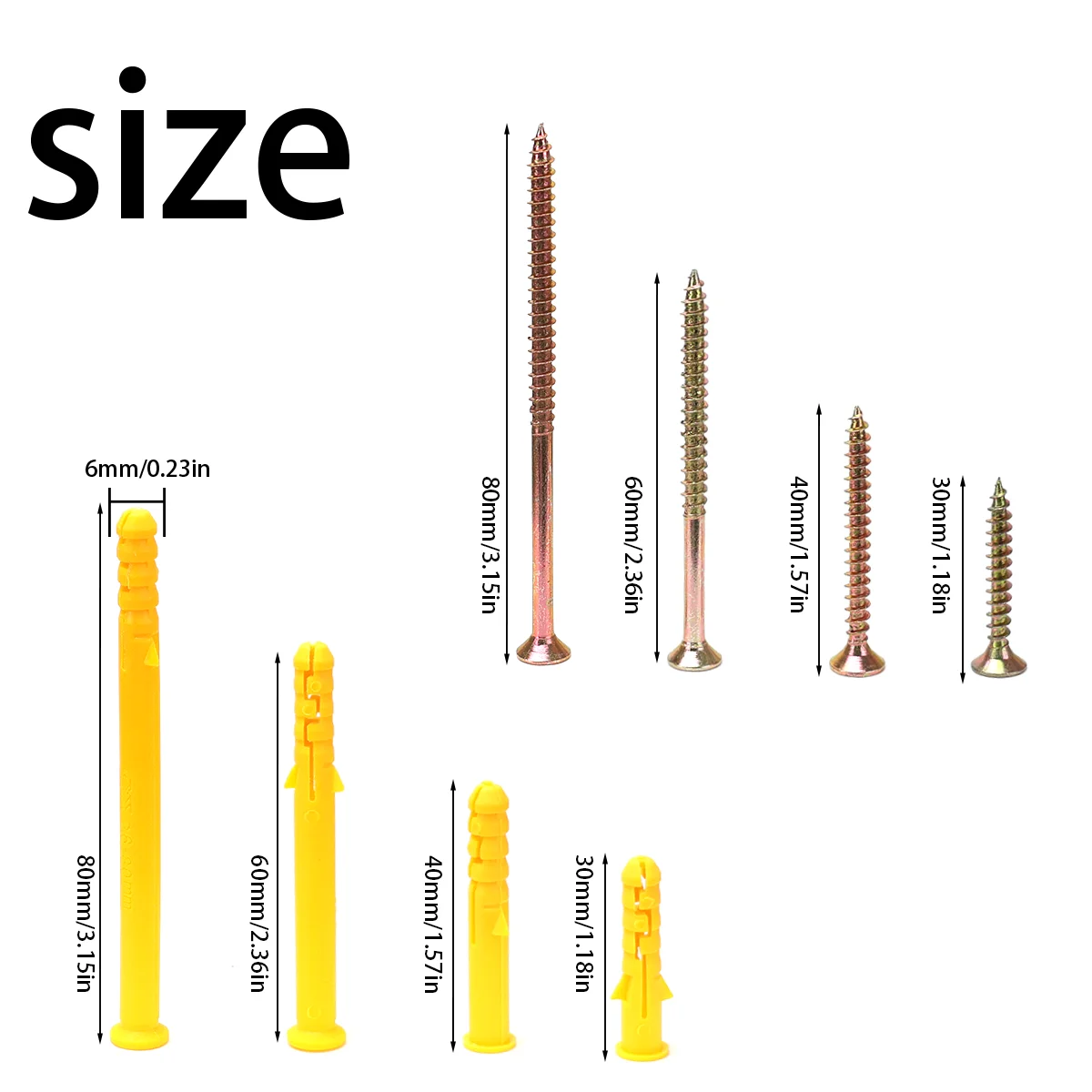 130pcs-M6 yellow plastic expansion and self-tapping screws | 30mm-80mm for wall coverings, picture frames and DIY projects.