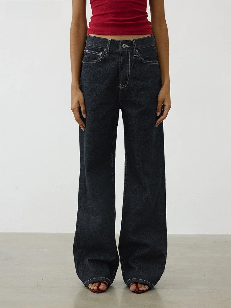 

AFTADAWN Classic Low Waist Red Ear Original Cow Vintage Deep Blue Embroidery Straight Leg Jeans Wide Leg Pants for Women