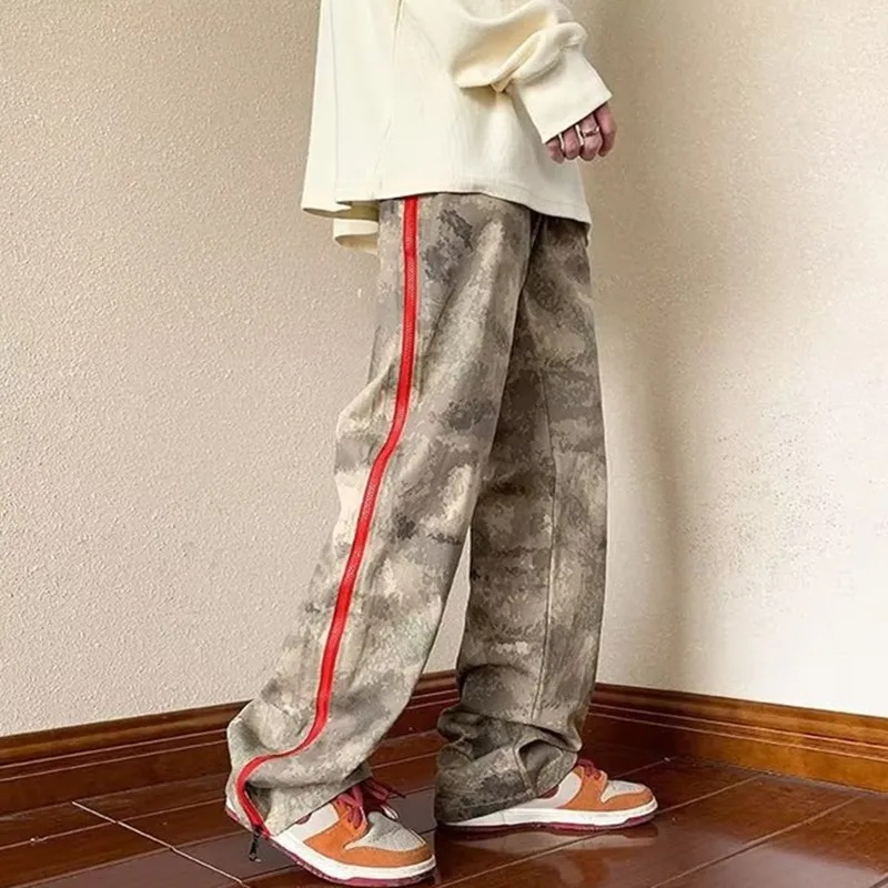 

Камуфляжные мужские брюки, осенние сезонные свободные брюки прямого кроя на молнии, повседневные брюки, модная рабочая одежда, молодежная стильная одежда