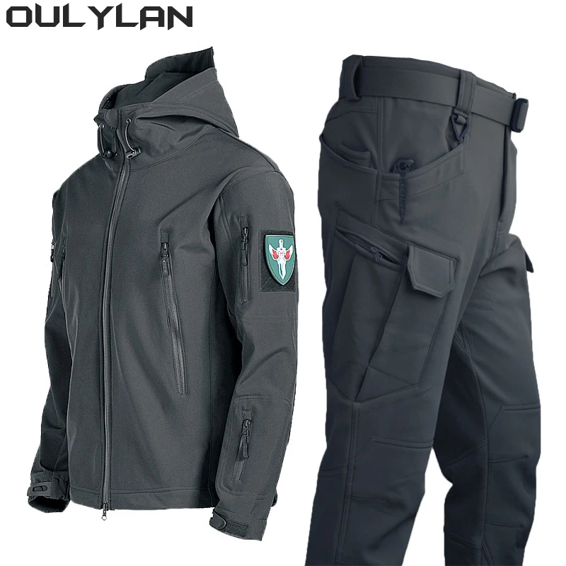 Oulylan Camping Waterproof Jacket Fishing Hiking Climbing Jacket Hooded Winter Autumn Tracksuits Set Men Army SoftShell Tactical