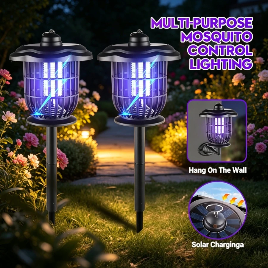 Image of 2-in-1 Outdoor Solar-Mückenkiller-Lampe 365nm UV-LED Wasserdichter Insektenvernichter mit Aufladbarer Fliegenfalle-Laterne für den Garten