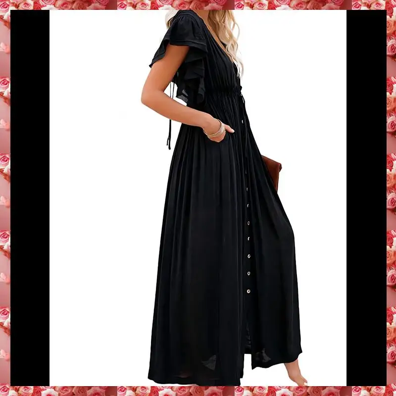 فستان شاطئ صيفي كاجوال للنساء، فستان طويل مكشكش بأزرار سفلية، فستان بوهو طويل