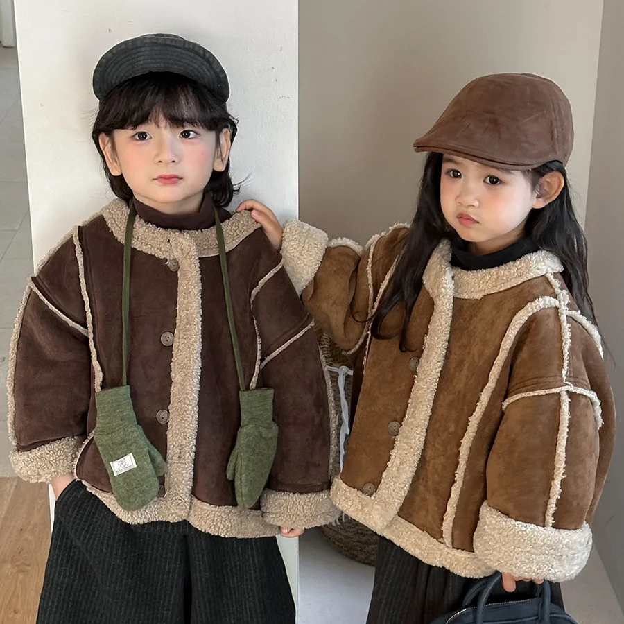 Winter Siblings Attire Suede Jackets Fleece Thick Kids Boy Outerwear Single Breasted Velvet Plush Parkas For Children Baby Coats