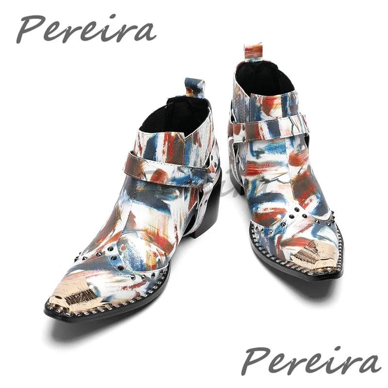 

Four Styles of Men's Chelsea Boots British Style Genuine Leather Metal Pointy Toe Ankle Boots Trendy Rivet Zipper Dress Shoes