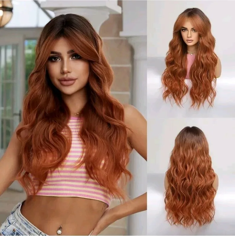 

Long Wavy Auburn Red Wig With Bangs Hair Blend Heat Christmas Red