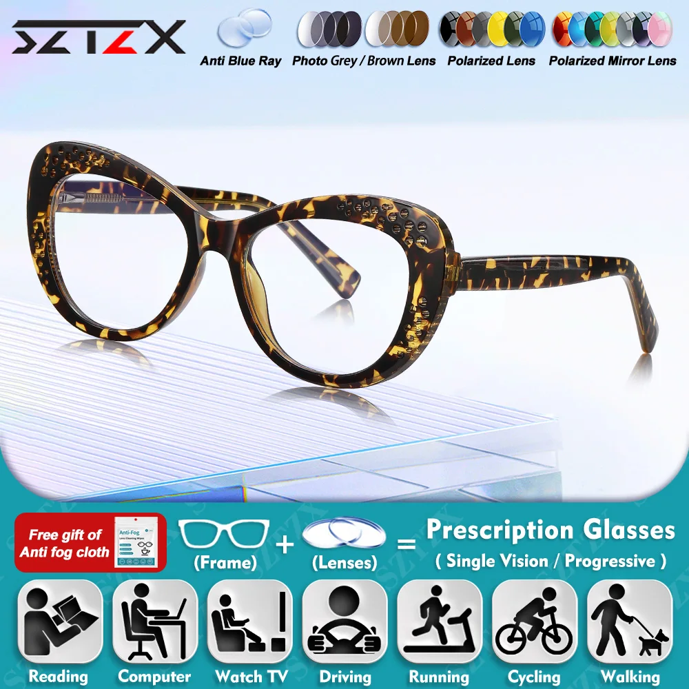 

SZTZX Fashionable Cat Eye Design Myopia Reading Glasses Women Hollow-Out Design Anti Blue Light Progressive Prescription Eyeware