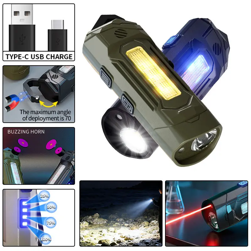 TAIKOO Mini Multifunctional EDC High-Power Rechargeable Red Laser Buzzer Alarm Strong Magnetic Keychain Flashlight