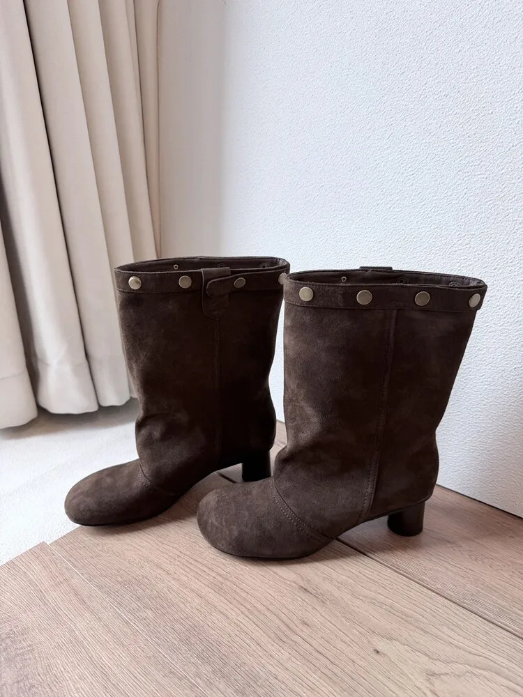 BANFANG 5.5CM High Heel Wide Calf Boots Women Soft Genuine Leather Round Toe Chunky Heel Slim Mid Calf Western Cowboy Shoes