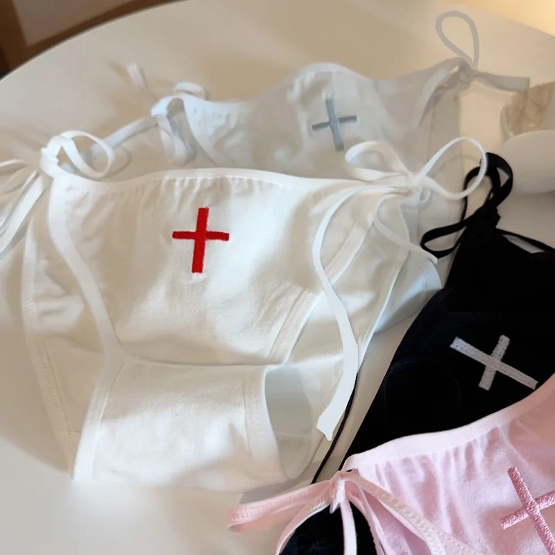SP&CITY Cosplay pielęgniarka zasznurować krzyżowe kalesony z nadrukiem Lolita bawełniane słodka dziewczyna seksowne majtki niskiej talii oddychające miękkie figi